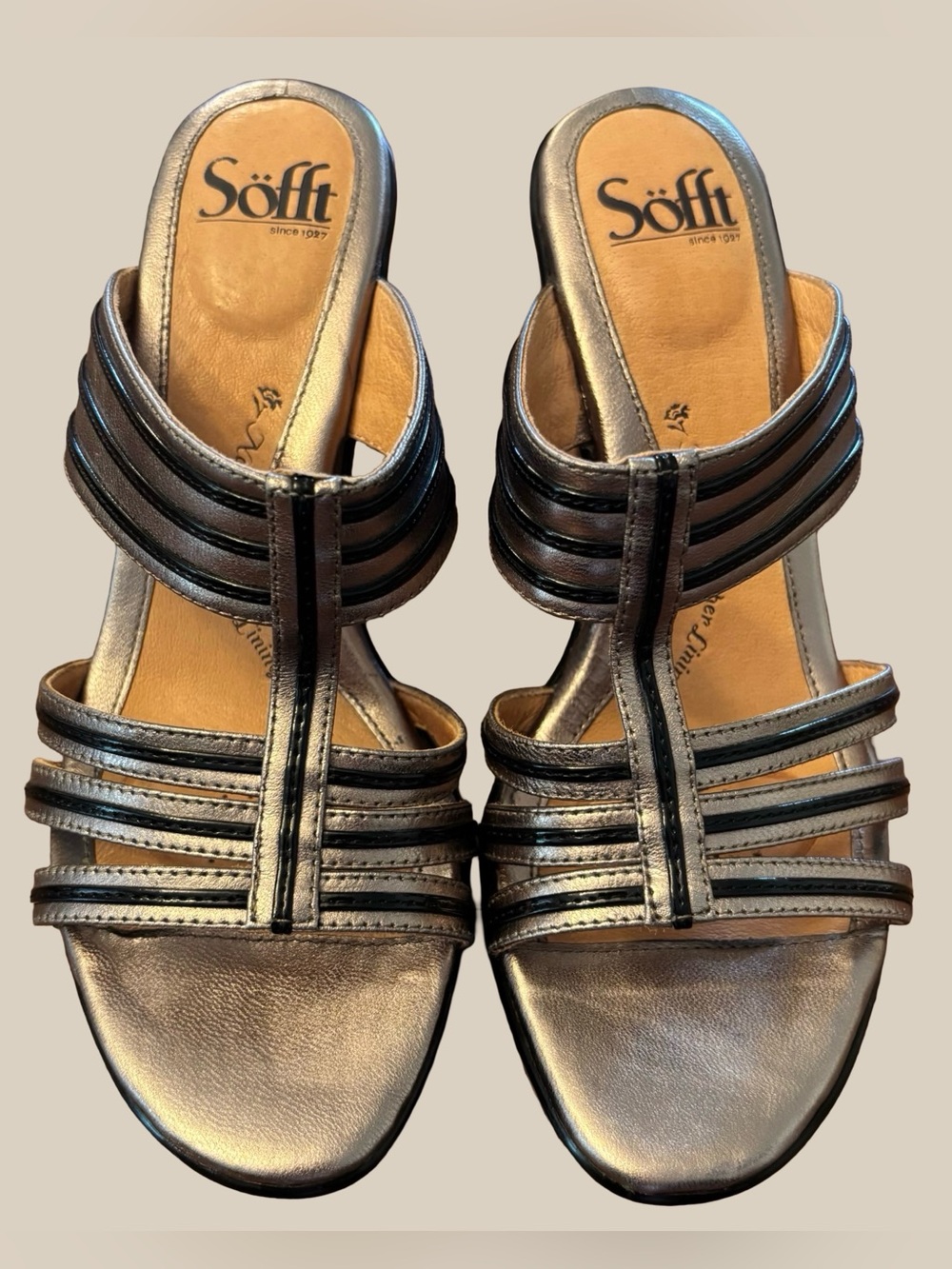 Söfft Metallic Pewter Leather Sandals Y2K Strappy Slides Vintage Clubwear 7.5M